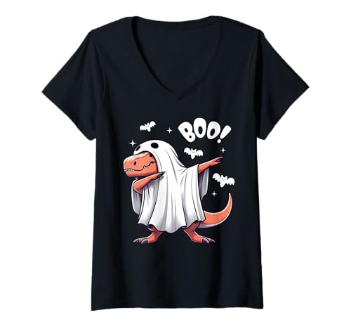 Damen Men Women Kids Funny Dabbing Dinosaur Spooky Halloween Boo T-Shirt mit V-Ausschnitt von Dabbing Dino Halloween Fun Costume Animal Lover