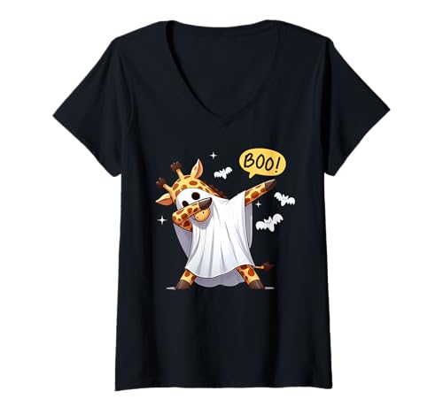 Damen Men Women Kids Funny Dabbing Giraffe Boo Spooky Halloween T-Shirt mit V-Ausschnitt von Dabbing Giraffe Halloween Fun Costume Animal Lover