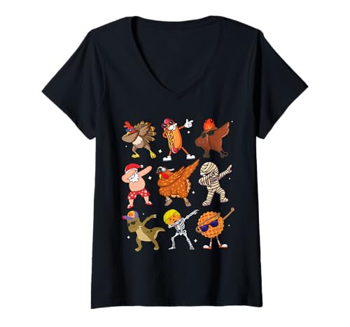 Damen Dabbing Truthahn Weihnachtsmann Pilgrim Thanksgiving Funny Dab T-Shirt mit V-Ausschnitt Damen Dabbing Truthahn Weihnachtsmann Pilgrim Thanksgiving Funny Dab T-Shirt mit V-Ausschnitt von Dabbing Thanksgiving Turkey Christmas Fall Apparel