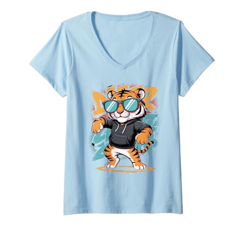 Damen Dabbing Tiger mit Sonnenbrille T-Shirt mit V-Ausschnitt von Dabbing Tiger With Sunglasses