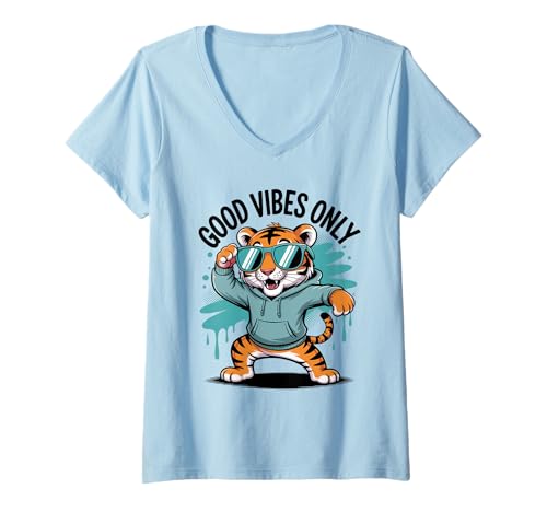 Damen Dabbing Tiger mit Sonnenbrille T-Shirt mit V-Ausschnitt von Dabbing Tiger With Sunglasses