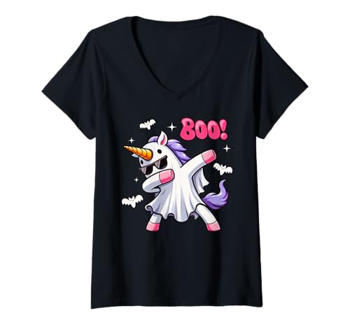 Damen Men Women Kids Funny Dabbing Unicorn Boo Spooky Halloween T-Shirt mit V-Ausschnitt von Dabbing Unicorn Halloween Fun Costume Animal Lover