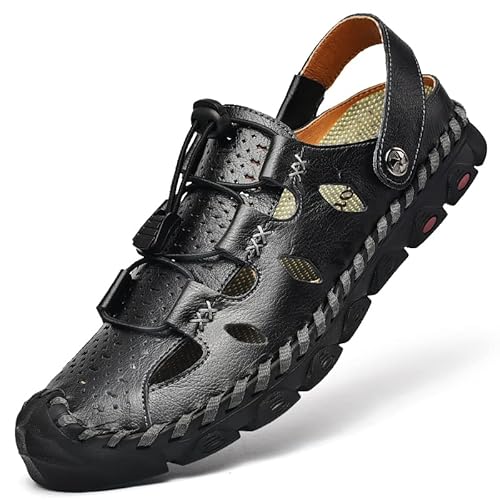 Dabbqis Herren-Sandalen, Leder, geschlossene Zehen, Outdoor, Sommer, rutschfest, Strandsandalen, Schwarz-1, 44.5 EU Dabbqis Herren-Sandalen, Leder, geschlossene Zehen, Outdoor, Sommer, rutschfest, Strandsandalen, Schwarz-1, 44.5 EU von Dabbqis