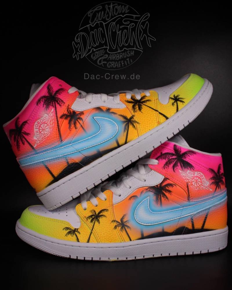Custom Nike Air Jordan 1 Mid „Miami Retro" Unique & Handpainted Designer Sneakers von DacCrewAirbrush
