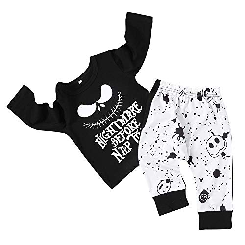 DaceStar 2 Stücke Baby Pyjamas Set Kleinkind Infant Jungen Mädchen Kleidung Nightmare Before Nap Time Langarm T-Shirt Tops + Schädel Hosen Chirstmas Outfit Set(12-18Monate) Schwarz von DaceStar