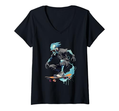 Damen Cyberpunk Undead Skateboarder T-Shirt mit V-Ausschnitt Damen Cyberpunk Undead Skateboarder T-Shirt mit V-Ausschnitt von DachmanArts