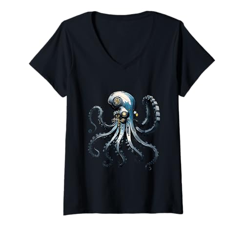 Damen Mechanischer Oktopus T-Shirt mit V-Ausschnitt Damen Mechanischer Oktopus T-Shirt mit V-Ausschnitt von DachmanArts