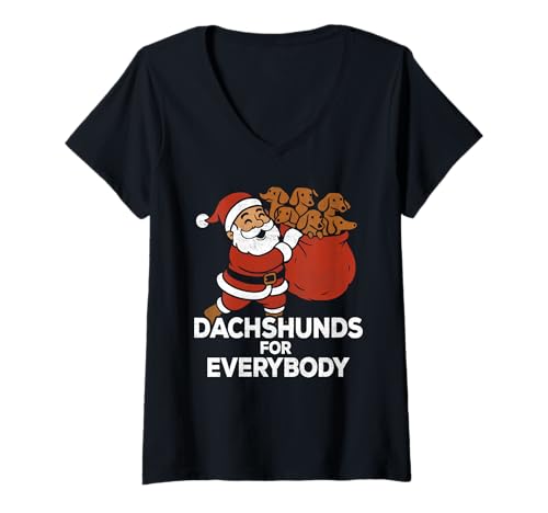 Damen Dackel für jedermann, Weihnachtswiener Hund Weihnachtsmann T-Shirt mit V-Ausschnitt von Dachshund Christmas Dog