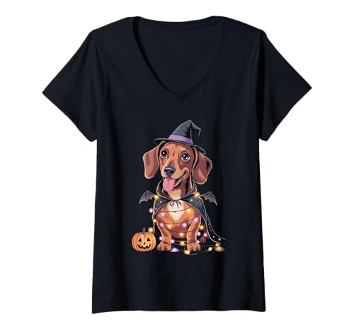 Damen Dackel Hund Halloween Hexe T-Shirt mit V-Ausschnitt von Dachshund Dog Co