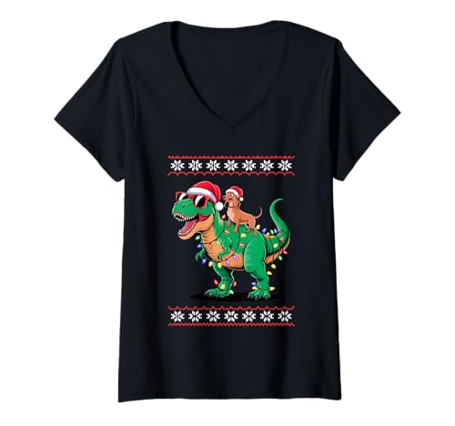 Damen Christmas Dachshund T-Rex Dinosaur Doxie Dachshunds T-Shirt mit V-Ausschnitt Damen Christmas Dachshund T-Rex Dinosaur Doxie Dachshunds T-Shirt mit V-Ausschnitt von Dachshund Dog Lover Gifts