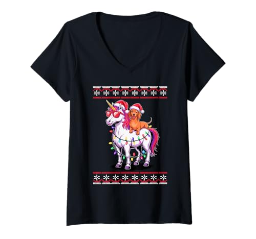 Damen Christmas Dachshund Unicorn Sunglasses Dachshunds Doxie T-Shirt mit V-Ausschnitt Damen Christmas Dachshund Unicorn Sunglasses Dachshunds Doxie T-Shirt mit V-Ausschnitt von Dachshund Dog Lover Gifts