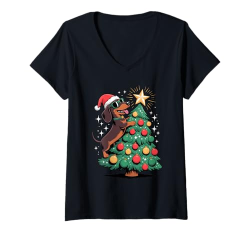 Damen Christmas Tree Dachshund Sunglasses Dachshunds Doxie T-Shirt mit V-Ausschnitt Damen Christmas Tree Dachshund Sunglasses Dachshunds Doxie T-Shirt mit V-Ausschnitt von Dachshund Dog Lover Gifts