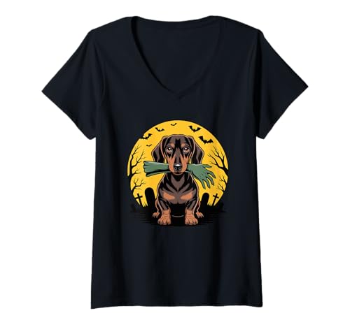 Damen Halloween Mond Zombie Hand Dachshund Dachshunds Doxie Dackel T-Shirt mit V-Ausschnitt Damen Halloween Mond Zombie Hand Dachshund Dachshunds Doxie Dackel T-Shirt mit V-Ausschnitt von Dachshund Dog Lover Gifts