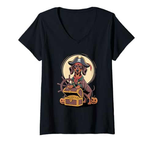Damen Halloween Pirate Dachshund Treasure Dachshunds Doxie T-Shirt mit V-Ausschnitt von Dachshund Dog Lover Gifts