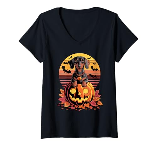 Damen Halloween Retro Dachshund Dachshunds Doxie T-Shirt mit V-Ausschnitt Damen Halloween Retro Dachshund Dachshunds Doxie T-Shirt mit V-Ausschnitt von Dachshund Dog Lover Gifts