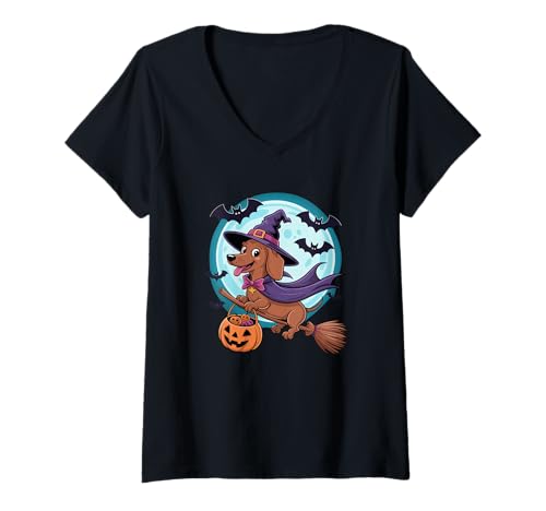 Damen Halloween Witch Dachshund Moon Dachshunds Doxie T-Shirt mit V-Ausschnitt von Dachshund Dog Lover Gifts