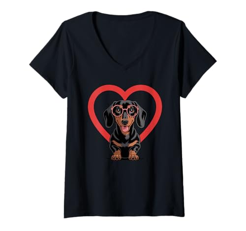 Damen Heart Dachshund Glasses Dachshunds Doxie T-Shirt mit V-Ausschnitt von Dachshund Dog Lover Gifts