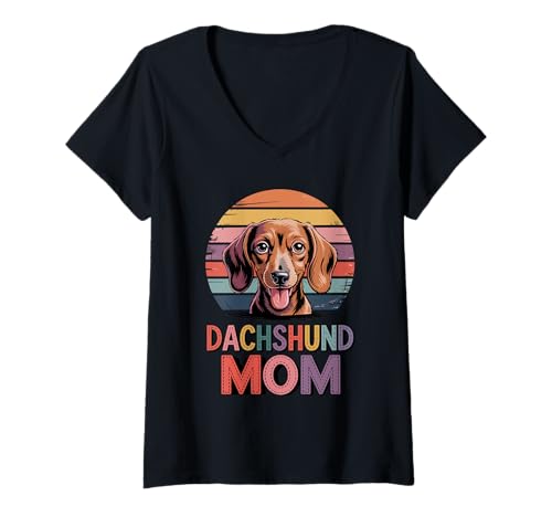Damen Retro Sonnenuntergang Dachshund Mom Dachshunds Doxie Dackel T-Shirt mit V-Ausschnitt von Dachshund Dog Lover Gifts