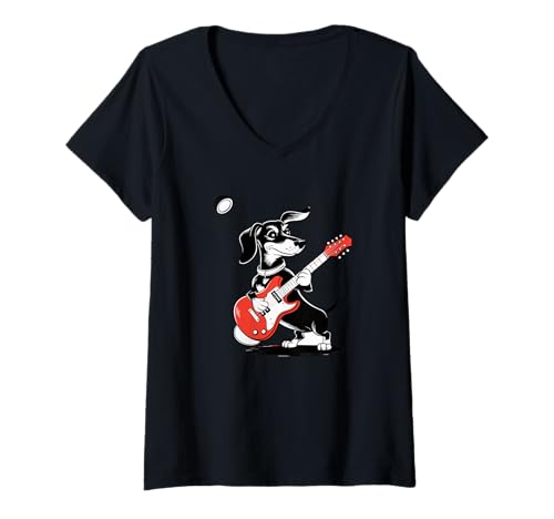 Damen Vintage Dackel Weenie spielt Gitarre T-Shirt mit V-Ausschnitt von Dachshund Dog Lover Guitar Player - DressedForDuty