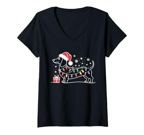 Damen Dackel Weihnachtsbeleuchtung Weihnachtsmannmütze Xmas Dog Lover T-Shirt mit V-Ausschnitt von Dachshund Dog Xmas Wiener Dog Women Men