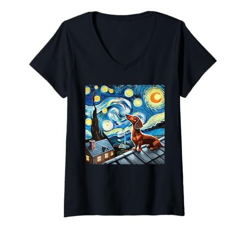 Damen Dackel Sternenhimmel Dackel T-Shirt mit V-Ausschnitt von Dachshund Enthusiasts Starry Night Sky Art