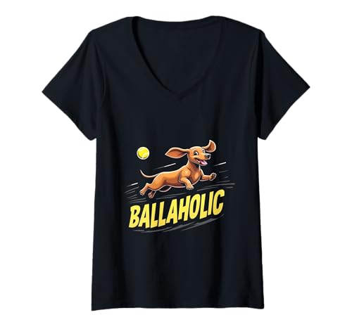 Damen Lustiger Ballaholic Dackel Hund Jagd Wiener Ball T-Shirt mit V-Ausschnitt Damen Lustiger Ballaholic Dackel Hund Jagd Wiener Ball T-Shirt mit V-Ausschnitt von Dachshund Fun Designs