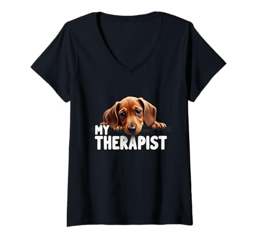Damen Lustiger Wiener Welpe My Therapist Dackel Hund T-Shirt mit V-Ausschnitt Damen Lustiger Wiener Welpe My Therapist Dackel Hund T-Shirt mit V-Ausschnitt von Dachshund Fun Designs