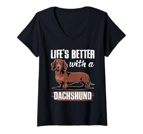 Damen Dackel-Hund T-Shirt mit V-Ausschnitt von Dachshund Gifts for Men and Women