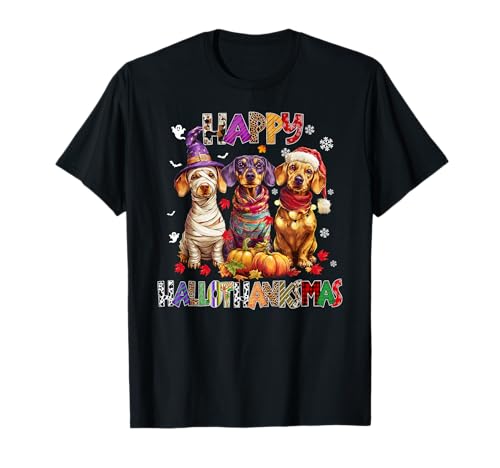 Dackel Hunde Weihnachten Happy Hallothankmas Xmas Männer Frauen T-Shirt von Dachshund Happy Hallothankmas Christmas Dog