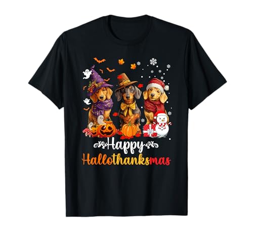 Herren Damen Dackel Hund Weihnachten Halloween Thanksgiving T-Shirt von Dachshund Happy Hallothankmas Holiday Dog