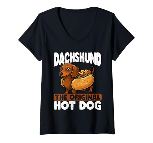 Damen Dachshund Der Original Hot Dog Lustiger Doxie T-Shirt mit V-Ausschnitt Damen Dachshund Der Original Hot Dog Lustiger Doxie T-Shirt mit V-Ausschnitt von Dachshund Liebhaber Lustiger Wiener Hund Wortspiel