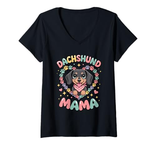 Damen Dackel Mama Colorful Doxie Chiweenie Wiener Dog Mom T-Shirt mit V-Ausschnitt von Dachshund Lover Apparel For Women Girls