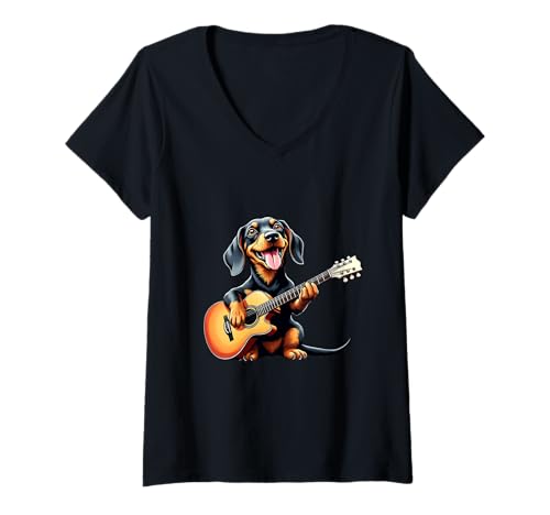 Damen Lustiger Dackel, der Gitarre spielt, Design für Musikliebhaber T-Shirt mit V-Ausschnitt von Dachshund Lovers Designs