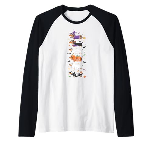 Lustiger Dackel Hexe Vampir Halloween Kinder Herren Damen Raglan von Dachshund Lovers Halloween Skeleton Mummy Outfits