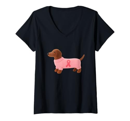Damen Dackel rosa Ribbon -Brustkrebsbewusstsein Unterstützung T-Shirt mit V-Ausschnitt Damen Dackel rosa Ribbon -Brustkrebsbewusstsein Unterstützung T-Shirt mit V-Ausschnitt von Dachshund Pink Ribbon Awareness Kleidung