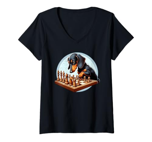 Damen Dackel spielt Schach Buntes Hunde-Schachbrett T-Shirt mit V-Ausschnitt Damen Dackel spielt Schach Buntes Hunde-Schachbrett T-Shirt mit V-Ausschnitt von Dachshund Playing Chess Collection