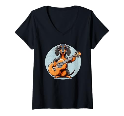Damen Dackel spielt Gitarre T-Shirt mit V-Ausschnitt Damen Dackel spielt Gitarre T-Shirt mit V-Ausschnitt von Dachshund Playing Guitar Design Collection