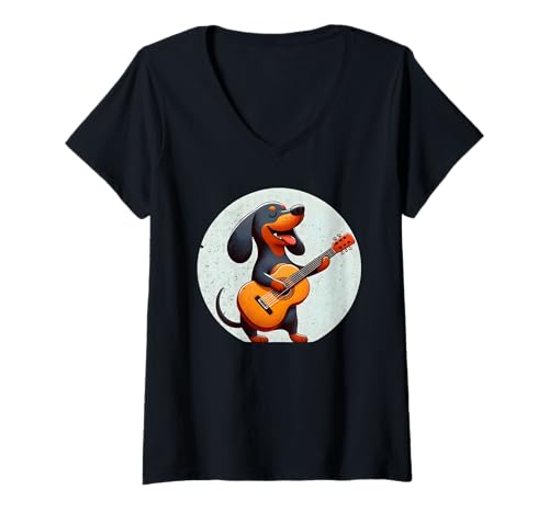 Damen Dackel spielt Gitarre T-Shirt mit V-Ausschnitt Damen Dackel spielt Gitarre T-Shirt mit V-Ausschnitt von Dachshund Playing Guitar Design Collection