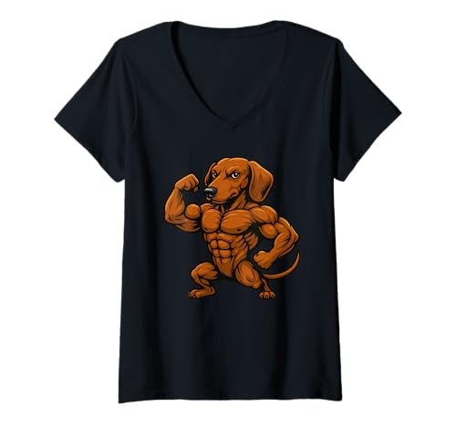 Damen Muscular Dachshund Dog Weightlifting Gym Workout T-Shirt mit V-Ausschnitt von Dachshund Powerlifting Weightlifting Gym Apparel