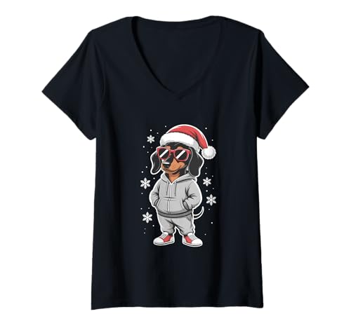 Damen Dackel in Sonnenbrille Cool Christmas T-Shirt mit V-Ausschnitt von Dachshund Santa Christmas Pajamas