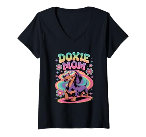 Damen Dackel Shirt Doxie Mom T-Shirt mit V-Ausschnitt von Dachshund Shirts For Women