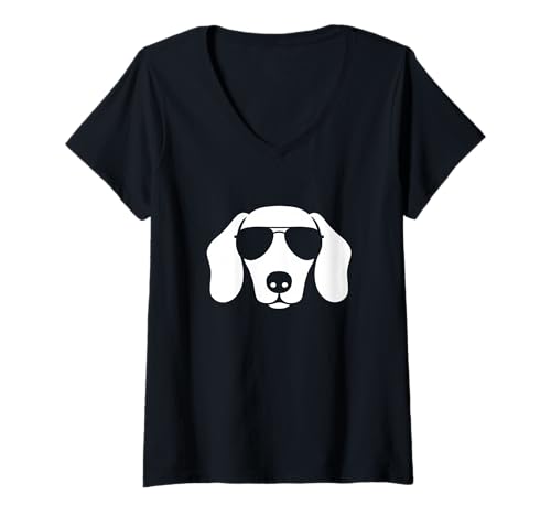 Damen Dackel in Sonnenbrille Minimalistische Hundesilhouette Modern T-Shirt mit V-Ausschnitt Damen Dackel in Sonnenbrille Minimalistische Hundesilhouette Modern T-Shirt mit V-Ausschnitt von Dachshund Shop