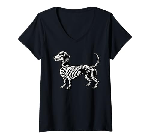 Damen Dachshund Dog Skeleton Halloween T-Shirt mit V-Ausschnitt von Dachshund Skeleton Halloween Costume Apparel