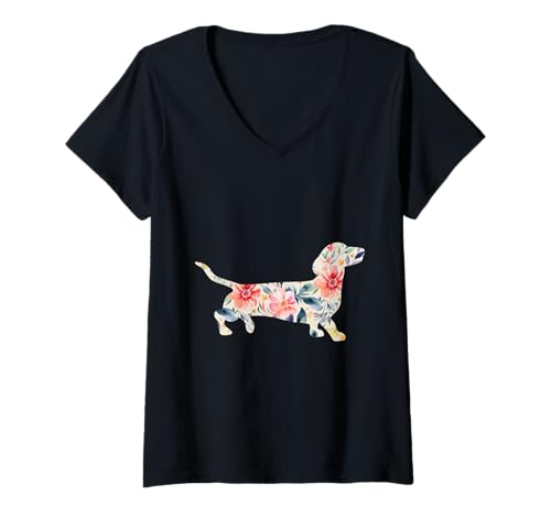 Damen Dackel-Hundebesitzer T-Shirt mit V-Ausschnitt Damen Dackel-Hundebesitzer T-Shirt mit V-Ausschnitt von Dachshund Teckel Ajeli