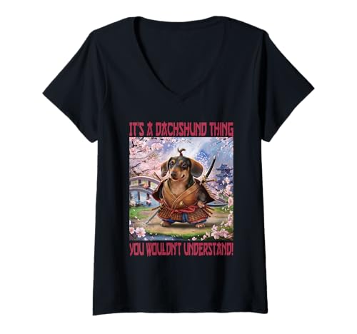 Damen Samurai Dackel Thing Lustiger Hundeliebhaber T-Shirt mit V-Ausschnitt von Dachshund Unique Samurai Dog