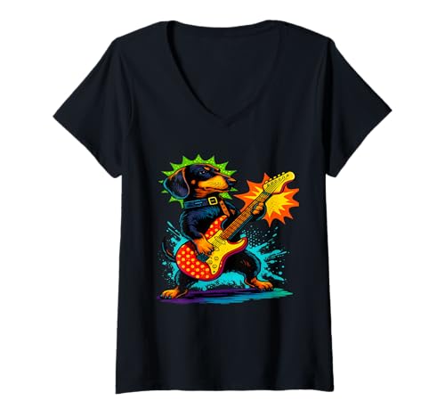 Damen Vintage Dachshund Weenie spielt Gitarre lustige T-Shirt mit V-Ausschnitt Damen Vintage Dachshund Weenie spielt Gitarre lustige T-Shirt mit V-Ausschnitt von Dachshund Weenie spielt Gitarre lustiger Weenie