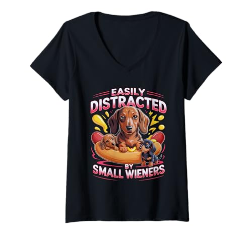 Damen Leicht abgelenkt von kleinen Wieners lustiger Dackel-Doxie T-Shirt mit V-Ausschnitt von Dachshund Wiener Dog Love