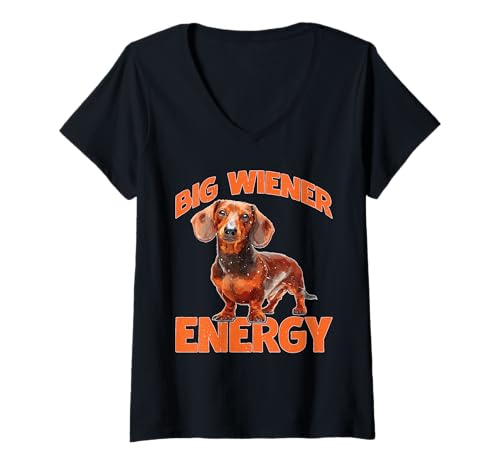 Damen Big Wiener Energy Dachshund Hundewurst Vibes T-Shirt mit V-Ausschnitt von Dachshund Wursthundspaß