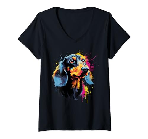 Damen Bunter Dackel Hund T-Shirt mit V-Ausschnitt von Dachshund lover apparel for Dachshund owner