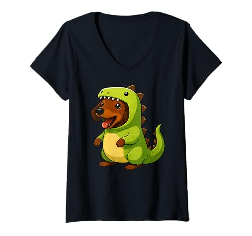 Damen Dackel Dinosaurier Kostüm Trex Tierliebhaber Mama Papa Kinder T-Shirt mit V-Ausschnitt Damen Dackel Dinosaurier Kostüm Trex Tierliebhaber Mama Papa Kinder T-Shirt mit V-Ausschnitt von DachshundAxis1